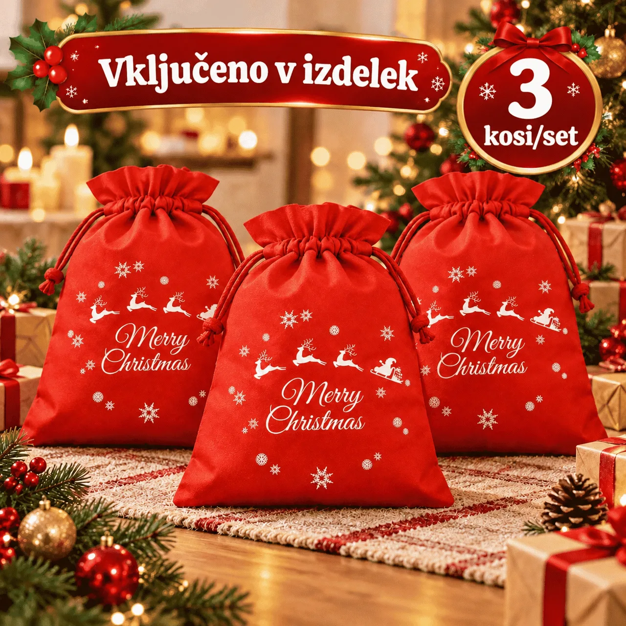 Christmas Fabric Bags, 3xBags - Image 2