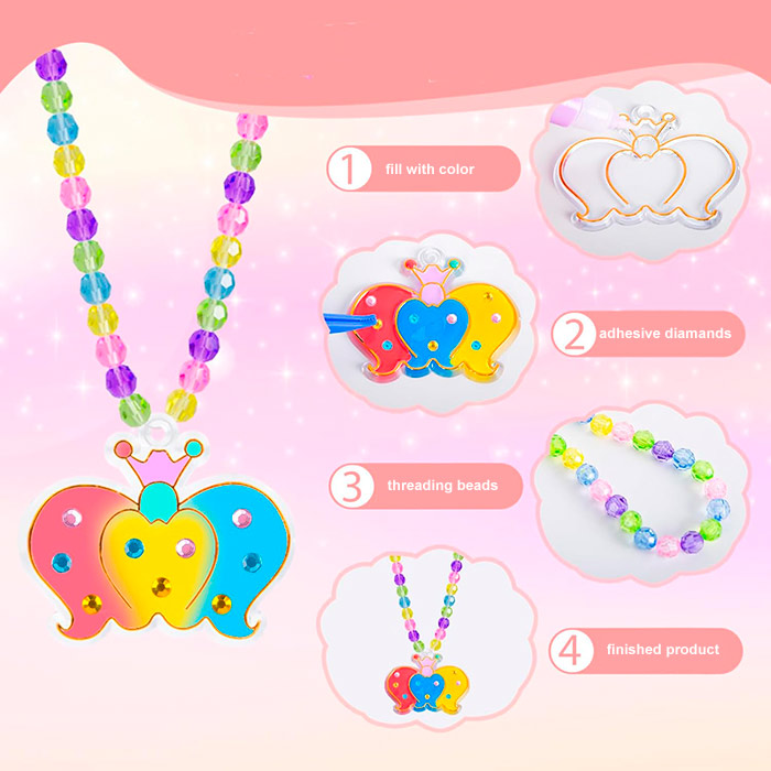 This rich pendant set contains 6 designs, 6 different colours, 6 pendant chains, 1 tweezers, 1 pack of diamonds, 1 pack of coloured beads and 1 longer string!