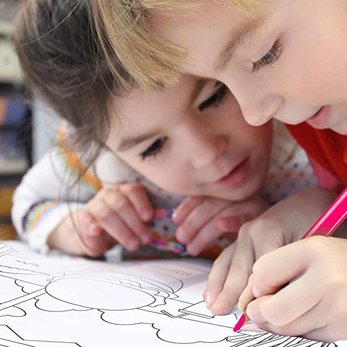 Children will enjoy creating and colouring cute patterns on the self-adhesive colouring book!