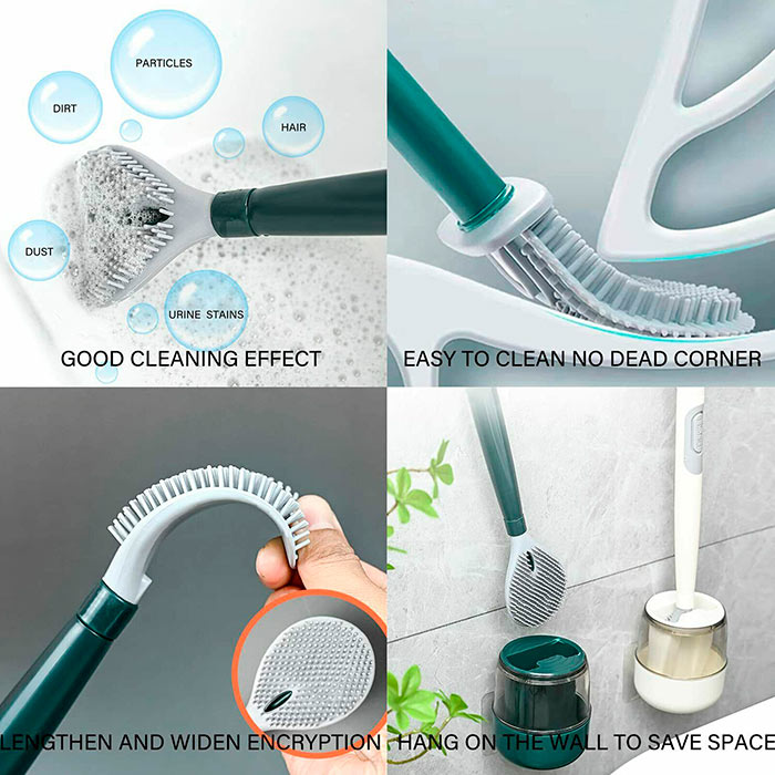 The brush has a space where you pour the cleaner and dispense it at the touch of a button while cleaning the toilet!