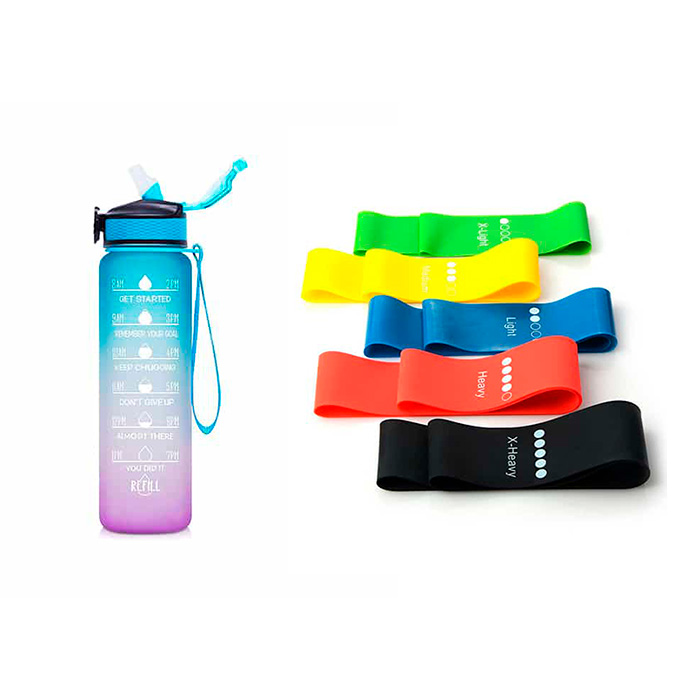 BottleBundle, Motivational Water Bottle + 5-Piece Set of Exercise Elastics