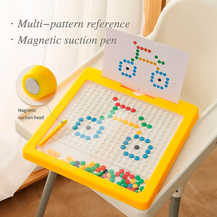 Your child can use the magnets to create any design they like, or use one of the 10 included cards to insert into the slot in the board!