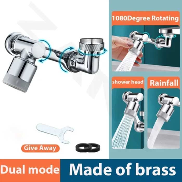 DualFaucet, a tap attachment that can be rotated 1080° and has 2 drainage modes