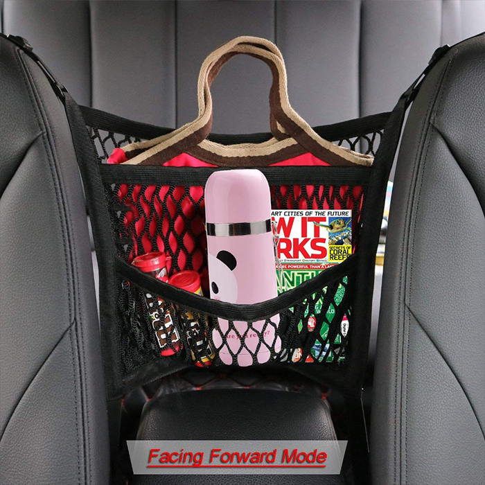 It's easy to install, and instantly, between the driver and passenger seat using the hooks.
