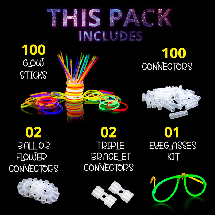 This rich set contains 100 neon sticks, 100 joints and 2 triple-connector attachments for creating bracelets, 2 multi-connector attachments for making balls or flowers, and a set for making glasses!