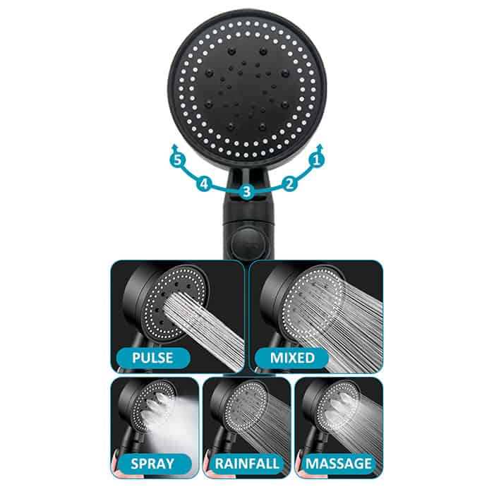 PressureShower, shower arm with 5 shower modes (shower head, hose and handle)