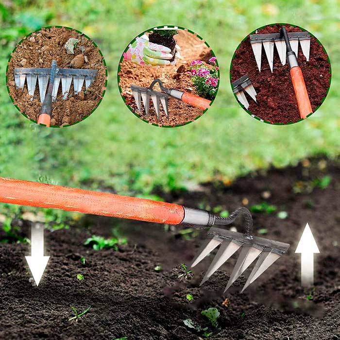 The hoe loosens the soil just right, allowing plants to grow better!
