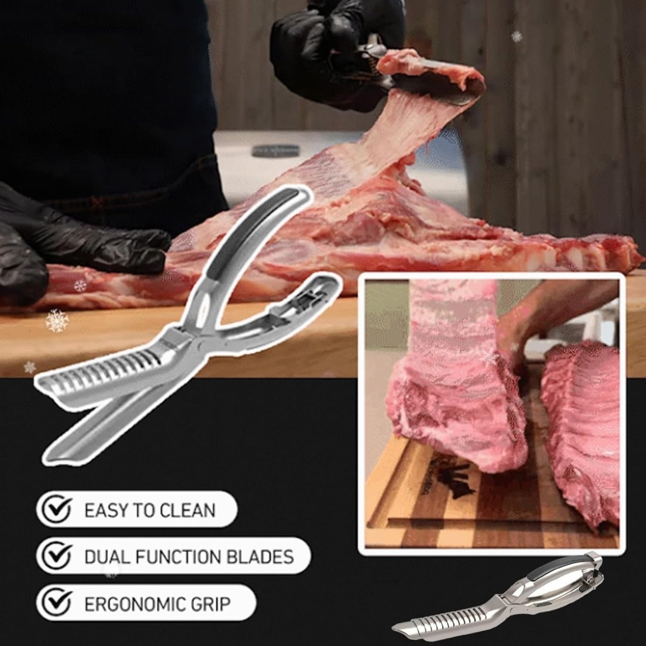 The tool allows precise membrane removal, which improves the absorption of marinades and the flavour of the meat.
