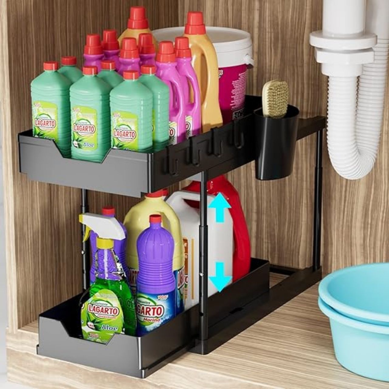 The two-tier design also allows you to make the most of the height of the cupboards and organise more things in one place - without clutter.