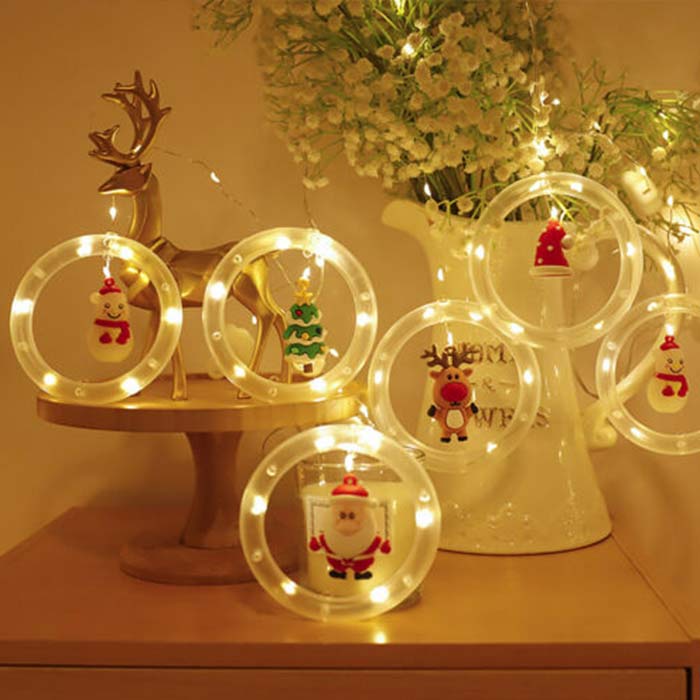 The Christmas decorations have 10 rings with festive figurines - Santa, reindeer, snowman, Christmas hat and New Year's tree.